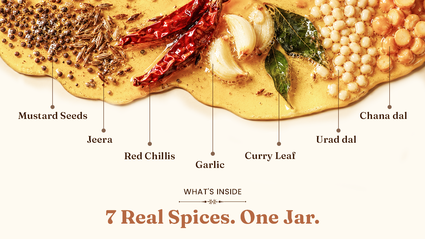 V-Rich Tadka Ghee — mustard seeds, jeera, red chilli, garlic, curry leaf, urad dal and chana dal slow-infused in pure ghee.