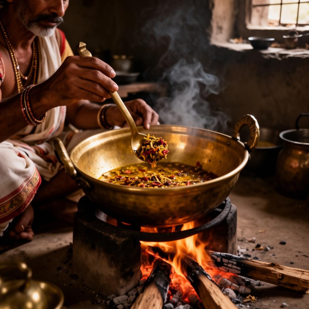 An artisan slowly stirring spiced ghee in a brass vessel over a wood-fired stove